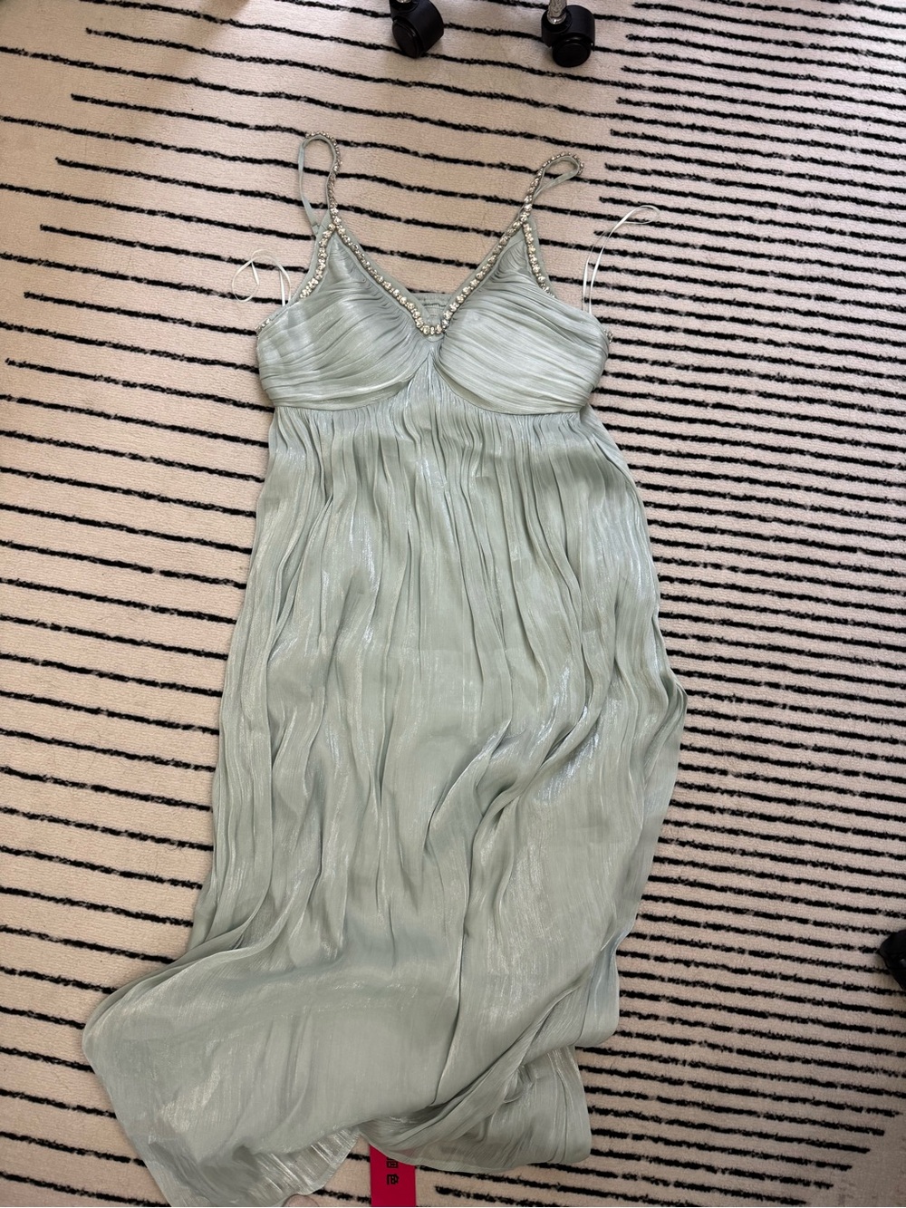 Beaded V-Neck Pleated Maxi Dress - Sage Green